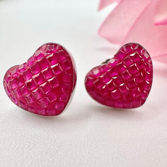 Hot Pink Fucshia Gemstone Heart Earrings 925 Tested Silver Stamped Flirty Fun - Picture 1 of 15